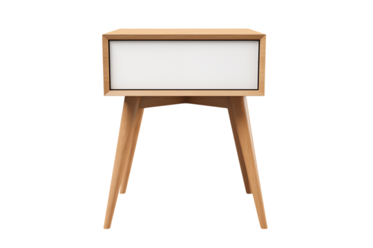 Mid-Century Modern Nightstand: Oak Wood & White Drawer Design - Bedroom Furniture transparent background png