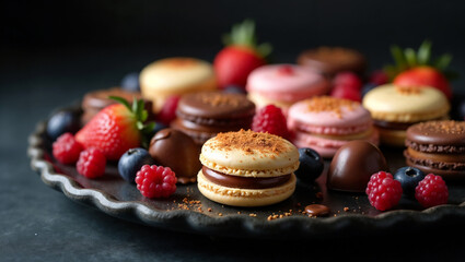 Elaborate dessert platter, arranged macarons, handcrafted chocolates and fresh berries.