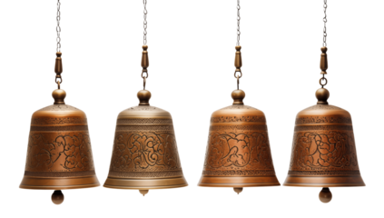 Four Antique Brass Bells Hanging: Intricate Detail & Elegant Design transparent background png