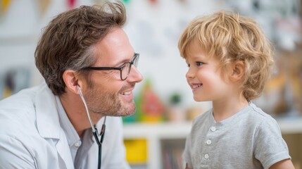 pediatrician examining child with stethoscope in playful office