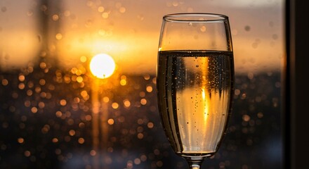 Elegant champagne flute against a blurred sunset backdrop with bokeh effect for celebrations
