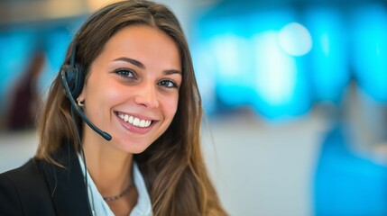 Smiling customer support agent with headset ready to help clients.