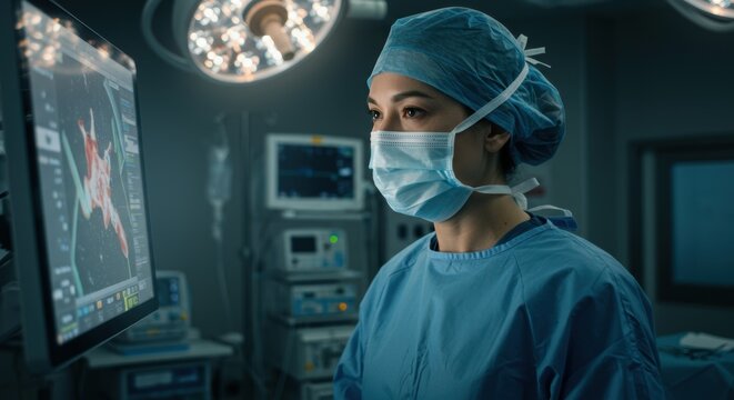 Focused surgeon reviews critical medical data and patient diagnostics in a modern operating room illuminated by surgical lights