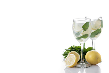 Hugo Spritz cocktail in glass isolated on white background. Copy space