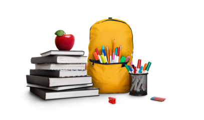 A back to school scene of a pile of study books to learn from, a red apple, yellow school bag and pens and pencils isolated against a transparent background.