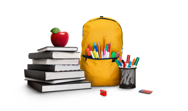 A back to school scene of a pile of study books to learn from, a red apple, yellow school bag and pens and pencils isolated against a transparent background.