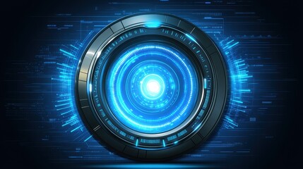 Futuristic circular design with neon blue light and digital elements for technology background or sci-fi concept
