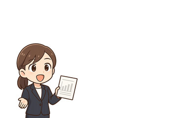 資料を掲げながら熱意を伝えるミニキャラのキャリアウーマン（スクリーン背景・中央余白あり）