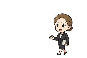 歩きながら資料を説明するミニキャラのキャリアウーマン（プレゼン会場背景・中央余白あり）