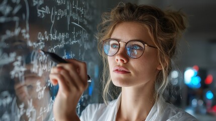 physicist writing equations on transparent board in research center