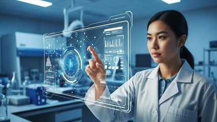 Person interacting with a touchscreen interface in futuristic lab - Powered by Adobe