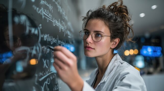 physicist writing equations on transparent board in research center