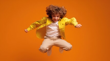 The joyful child jumping in a vibrant orange background showcasing pure happiness.
