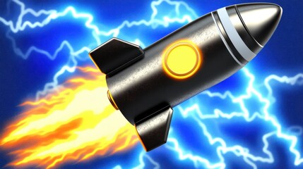 Rocket Launching Into Space with Lightning Background in a Vibrant and Colorful Digital Illustration