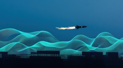 Rocket Launch with Abstract Waves in Blue Sky Over Horizon Delivers Futuristic Technology and Innovation Concept