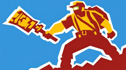 Dynamic Illustration of a Worker with a Power Tool Against a Bright Blue Background