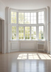 Fototapeta premium Bright empty room with large bay window Empty room interior design architecture blank design room