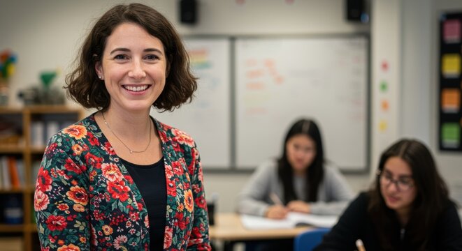 Smiling teacher stands in her classroom while students learn in a diverse and inclusive school environment