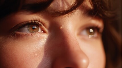 Fototapeta premium Close-up view of expressive eyes reflecting light during golden hour highlighting natural beauty