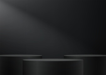 Abstract 3D black cylinder pedestal podium background on black wall scene space for product display presentation, Stage showcase. Vector illustration.