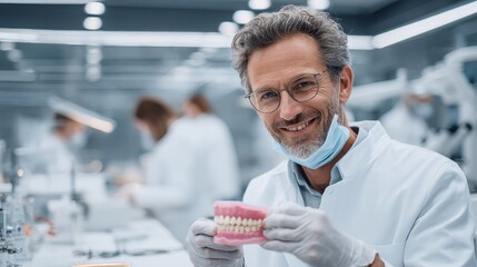 prosthodontist fitting custom dentures in high-tech dental lab