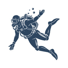 Silhouette of Scuba Diver Swimming Underwater. Vector Illustration of Diver with Oxygen Tank, Mask, and Diving Gear Isolated on White Background