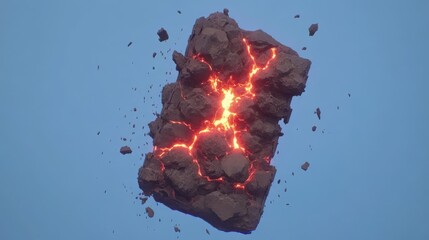 Vibrant Lava Flow Erupting From Volcanic Rock Against Clear Blue Sky Background Displaying Natural Energy and Power