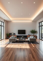 Fototapeta premium Interior of a living room with a wooden floor Empty room interior design architecture blank design room