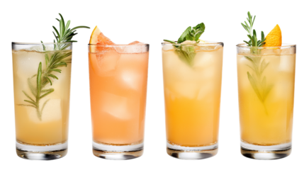  set of four refreshing drinks with garnish served in glasses isolated on white background