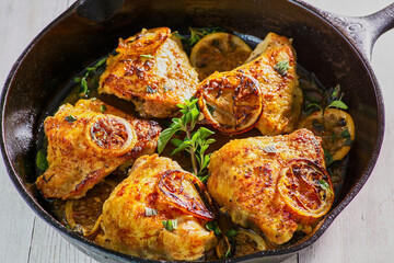 crispy baked chicken thigh with fresh lemon and oregano