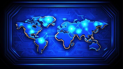 Abstract Global Map Design with Digital Circuit Elements and Blue Light Effects for Technology Backgrounds