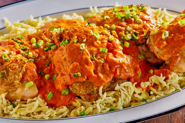 chicken paprikash on a bed of homemade spätzle