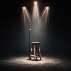 A wooden stool and microphone stand illuminated by three spotlights on a dark stage, creating a focused and dramatic atmosphere.