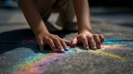 Obraz premium Colorful chalk art created on pavement by child, showcasing hands in focus. scene captures playful and creative moment, emphasizing joy of outdoor activities