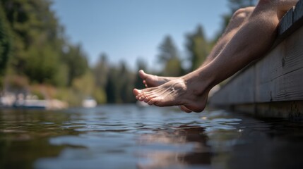 Relaxing feet dangling over serene lake, surrounded by lush greenery and calm waters. sunlight reflects off surface, creating peaceful atmosphere