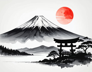 Mt. Fuji with torii and red sun. Japanese ink art with Fuji view. Fuji and torii gate minimal art. Zen Fuji mountain and red sun. Torii and temple, Mt. Fuji scene