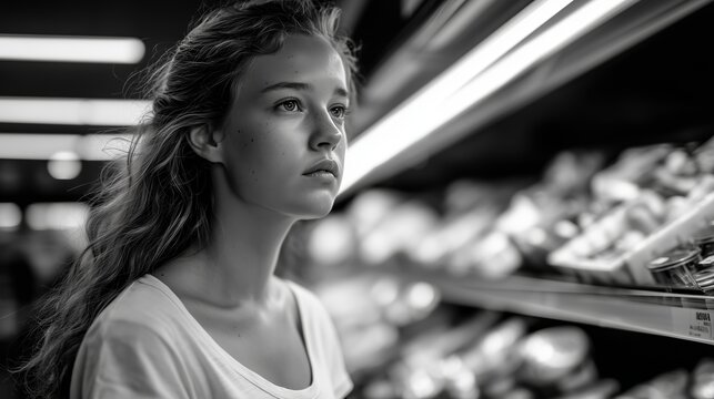 Young woman deep in thought while grocery shopping in a modern supermarket during a bright day