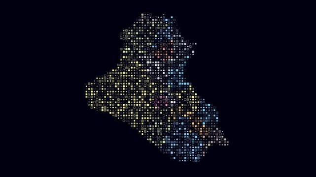 Iraq dotted animation. Shape of the country build of pulsating colored dots. Small size rounded square blocks. Digital style map on dark background. Modern video.