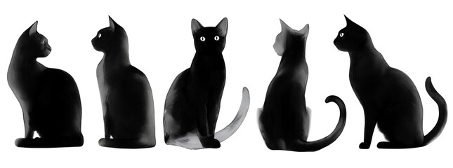 Watercolor Black Cats Set Isolated on White Background