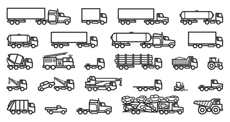 various simple truck outline line silhouette set side view icon symbol vector on transparent background