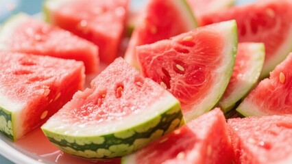 A plate of cut watermelons, with bright red and plump flesh, and seeds dotted inside, presenting a visual experience of summer's refreshing and delicious taste
