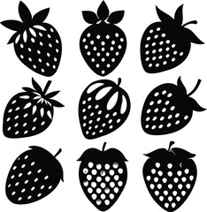 Collection of nine stylized black strawberry silhouettes with white seeds and green leaves isolated on transparent background silhouette