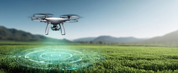 The drone hovering above a lush green field with a futuristic interface.