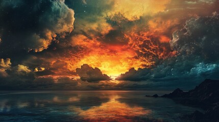 A dramatic sunset sky with fiery clouds reflected in a still ocean.