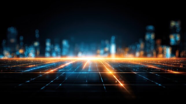Futuristic digital cityscape with glowing grid lines and illuminated buildings under a dark sky.