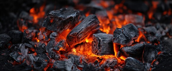 The glowing embers of charcoal in a dark, rustic setting