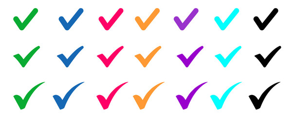 Collection of Colorful Check Marks and Tick Icons for Approval and Completion. White background with PNG transparent format.