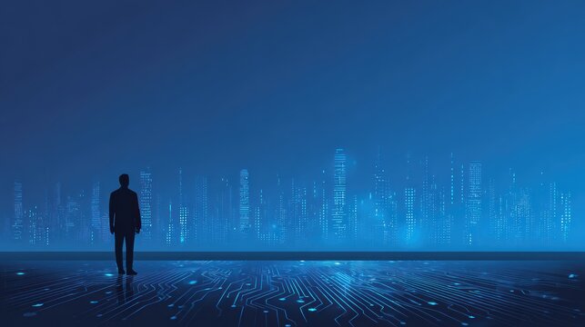 A solitary figure stands before a futuristic digital cityscape, symbolizing technology and innovation in a connected, virtual world.