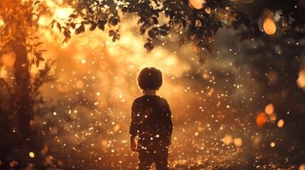 Obraz premium A young boy stands in a magical forest, surrounded by light.