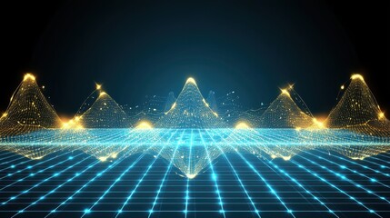 High-Tech Digital Landscape with Golden Peaks and Blue Grid on Dark Background, Ideal for Futuristic Designs and Concepts